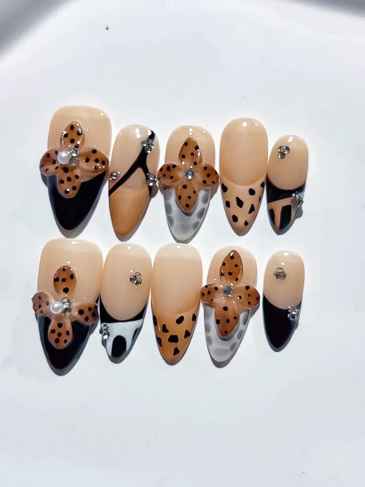 D401 - Medium Nude Black Almond French tip Cookie Animal Print VibeNailsLab