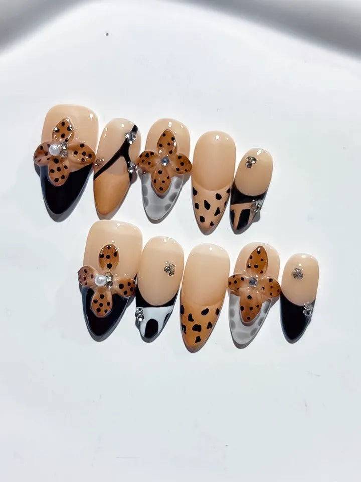 D401 - Medium Nude Black Almond French tip Cookie Animal Print VibeNailsLab