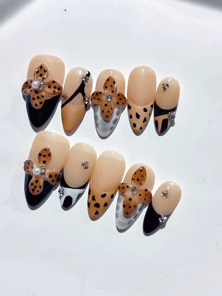 D401 - Medium Nude Black Almond French tip Cookie Animal Print VibeNailsLab