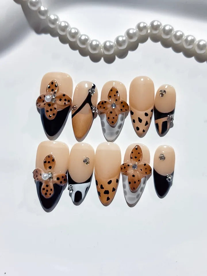 D401 - Medium Nude Black Almond French tip Cookie Animal Print VibeNailsLab