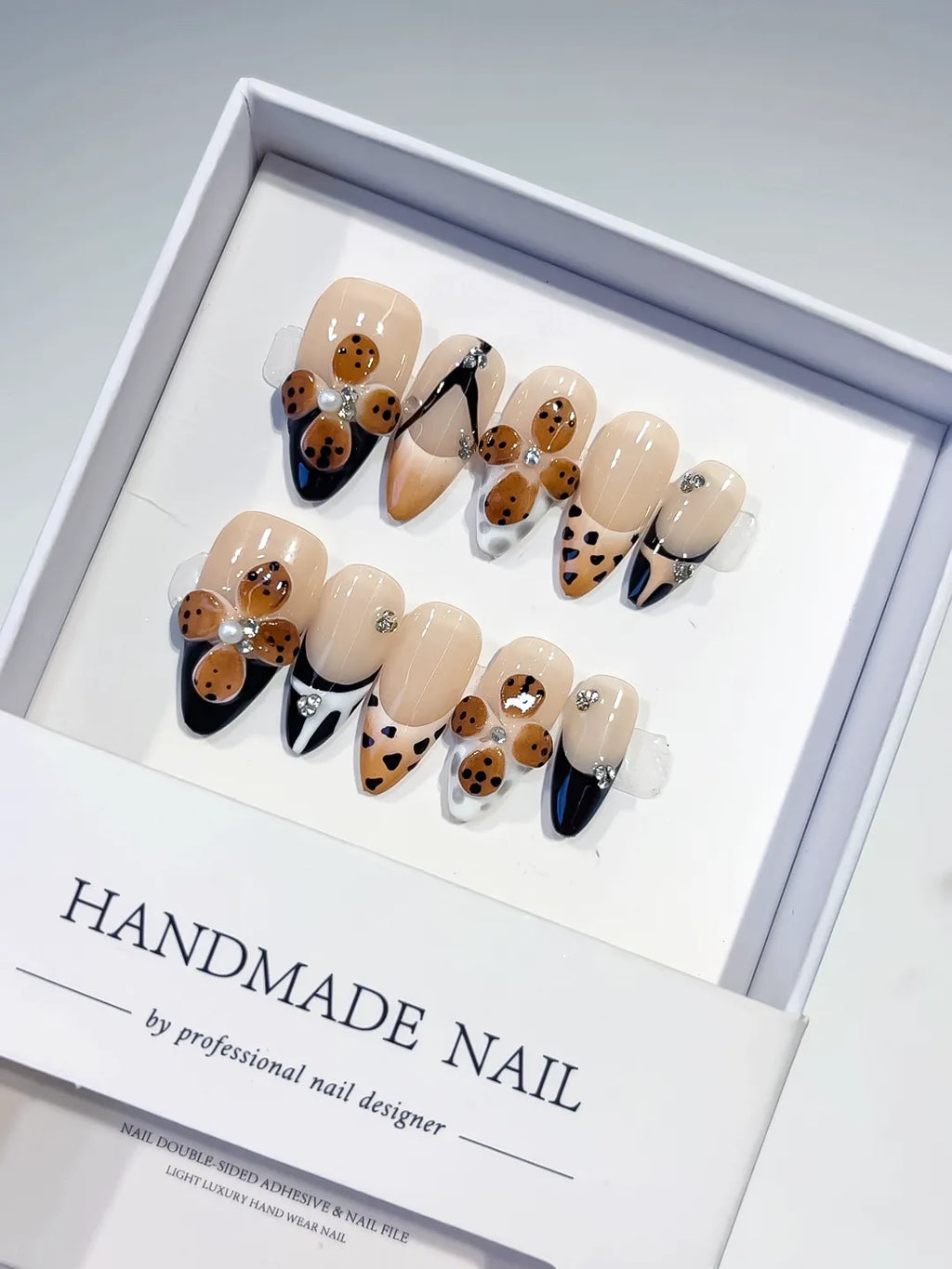 D401 - Medium Nude Black Almond French tip Cookie Animal Print