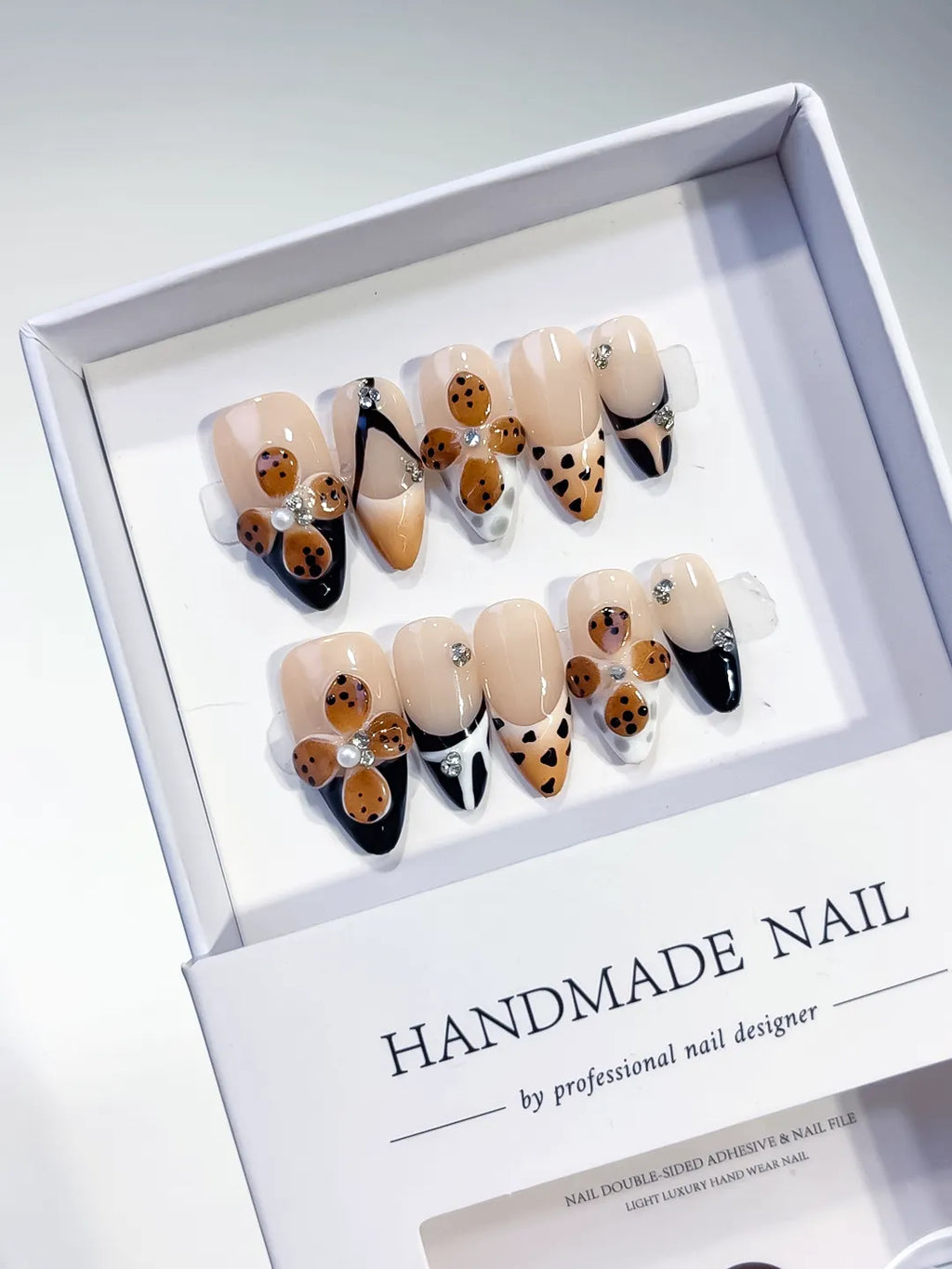 D401 - Medium Nude Black Almond French tip Cookie Animal Print
