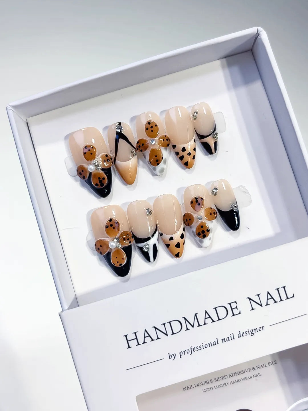 D401 - Medium Nude Black Almond French tip Cookie Animal Print