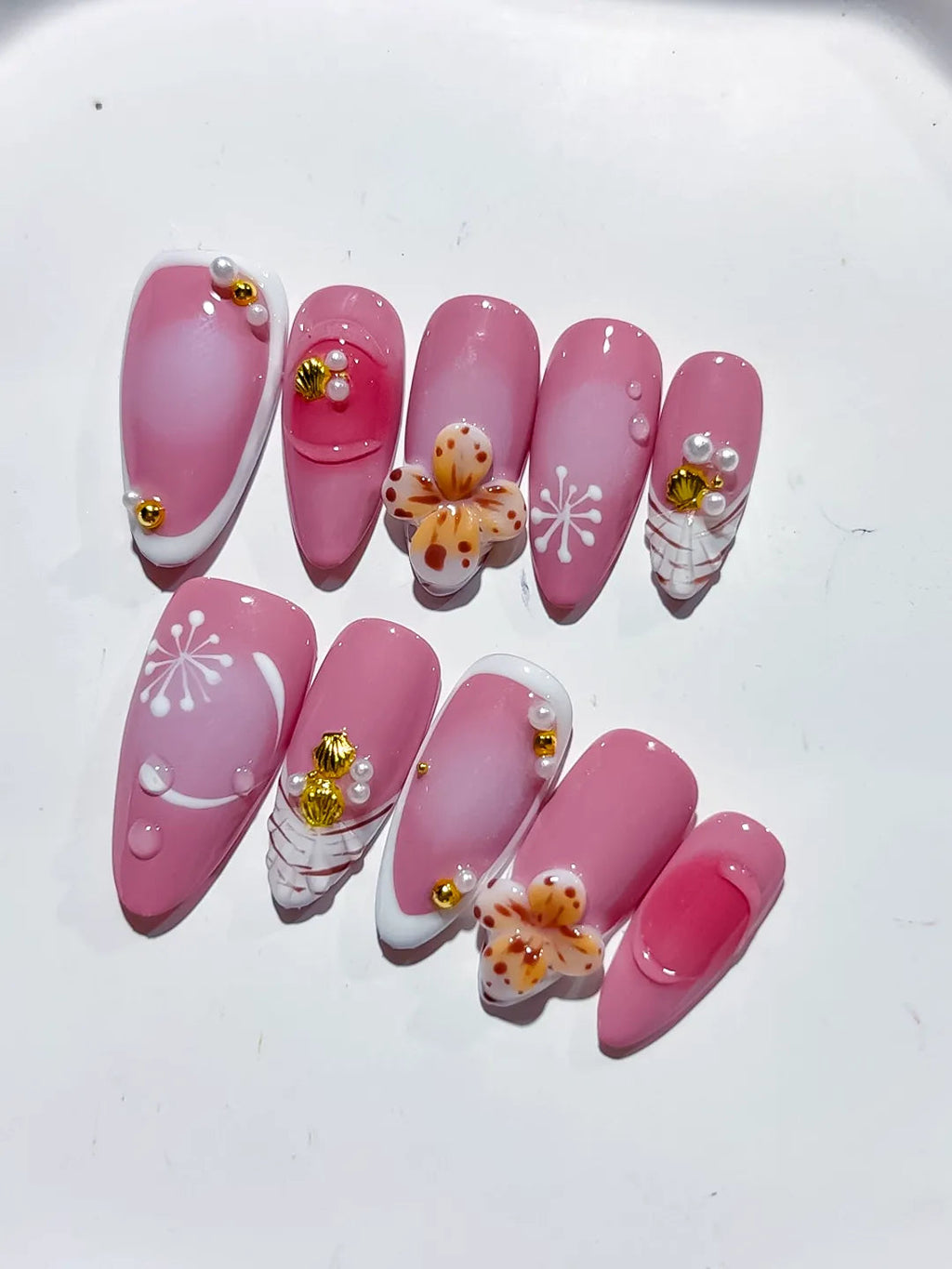 D404 - Medium Pink White Almond Solid color Flower Pearl VibeNailsLab