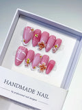 D404 - Medium Pink White Almond Solid color Flower Pearl VibeNailsLab