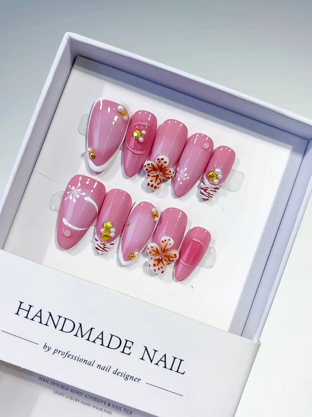 D404 - Medium Pink White Almond Solid color Flower Pearl VibeNailsLab