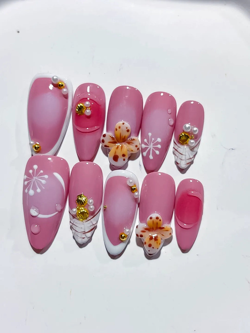 D404 - Medium Pink White Almond Solid color Flower Pearl VibeNailsLab