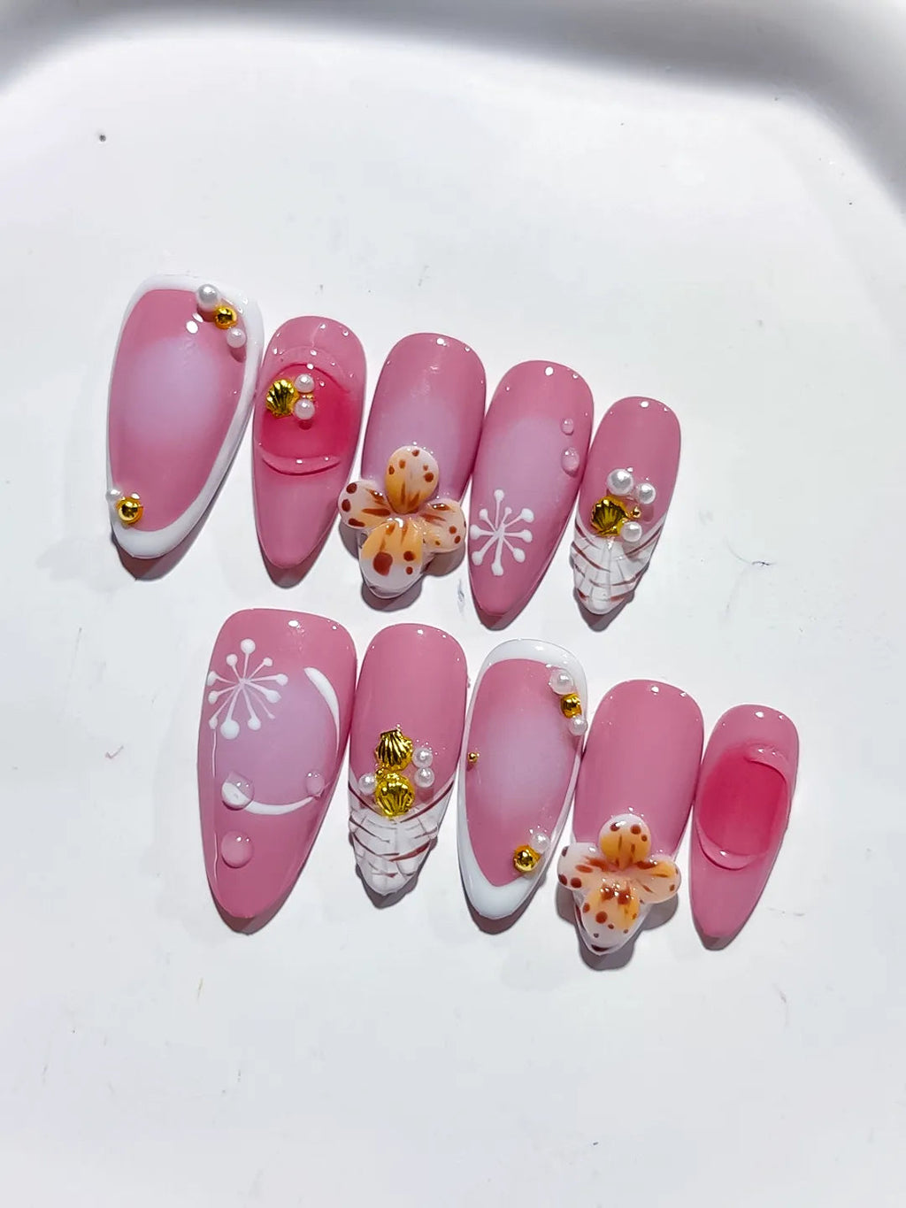 D404 - Medium Pink White Almond Solid color Flower Pearl VibeNailsLab