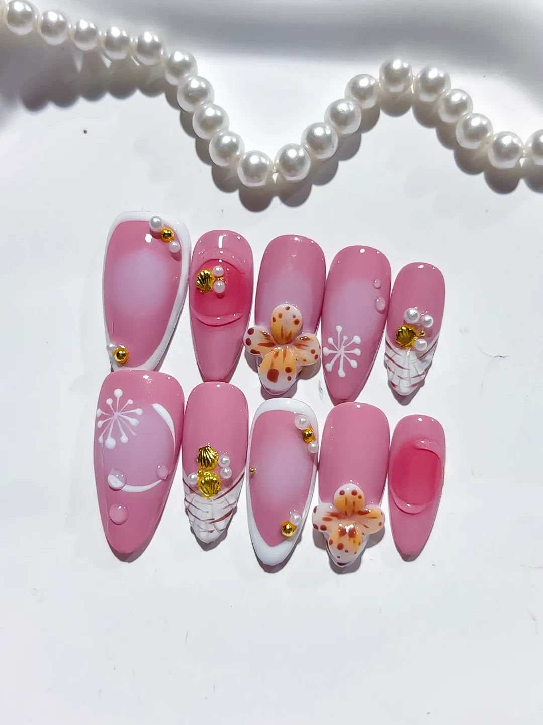 D404 - Medium Pink White Almond Solid color Flower Pearl VibeNailsLab