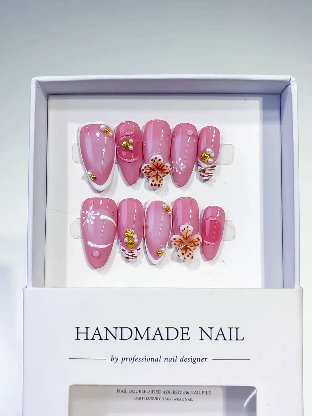 D404 - Medium Pink White Almond Solid color Flower Pearl VibeNailsLab