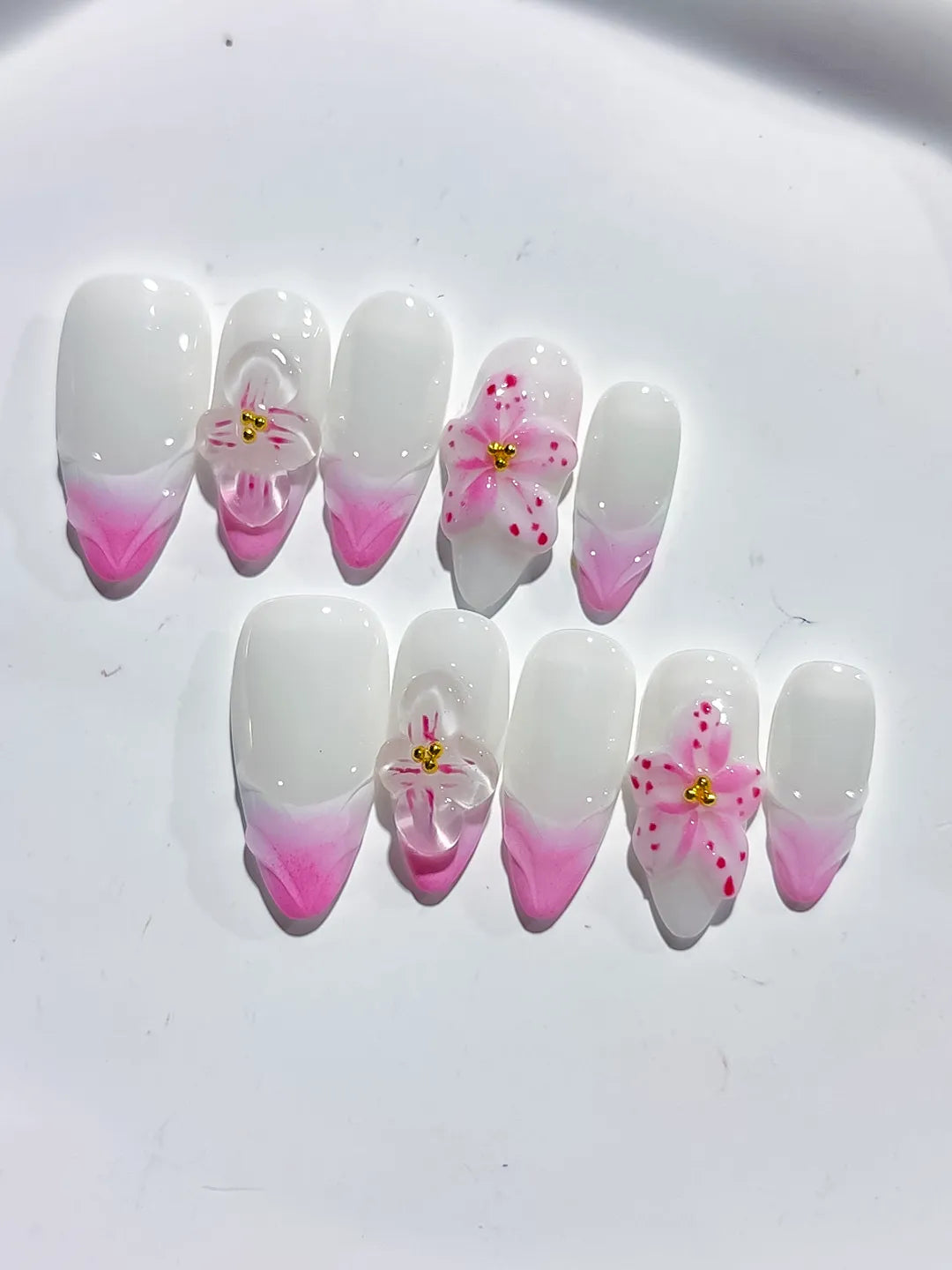 D406 - Medium White Pink Almond French tip Flower Bow VibeNailsLab