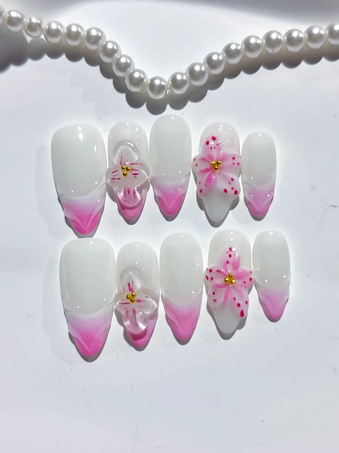 D406 - Medium White Pink Almond French tip Flower Bow VibeNailsLab