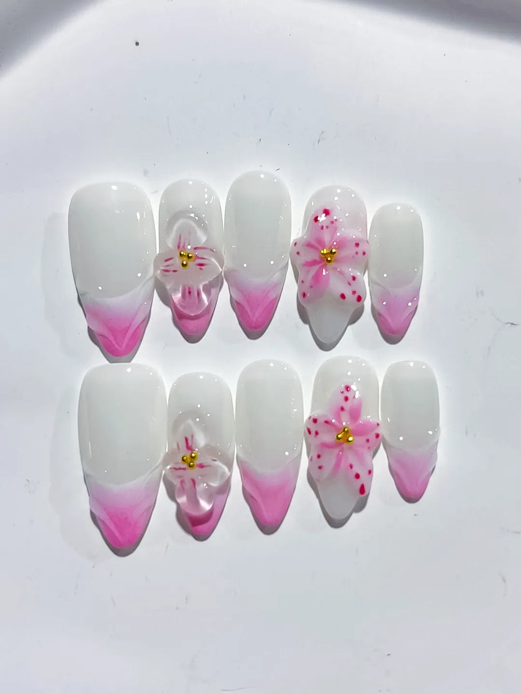 D406 - Medium White Pink Almond French tip Flower Bow VibeNailsLab