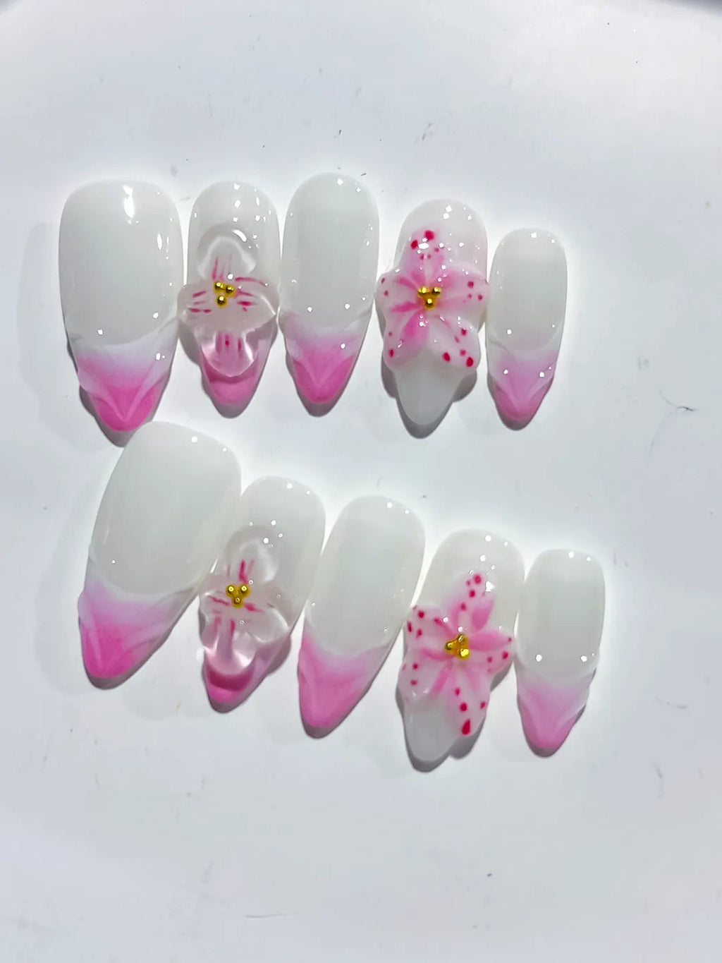 D406 - Medium White Pink Almond French tip Flower Bow VibeNailsLab