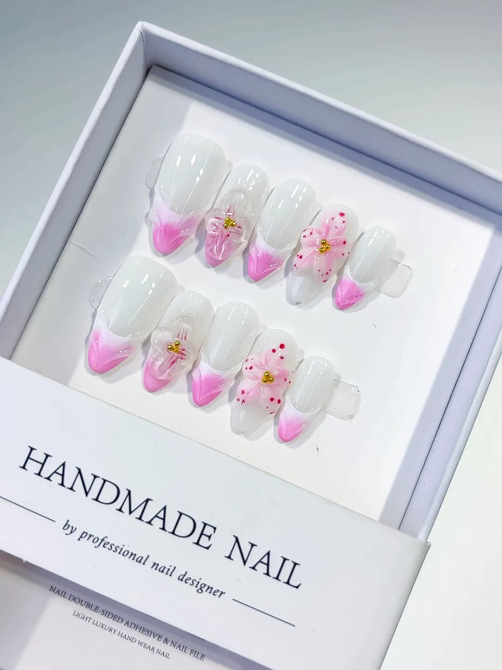 D406 - Medium White Pink Almond French tip Flower Bow VibeNailsLab