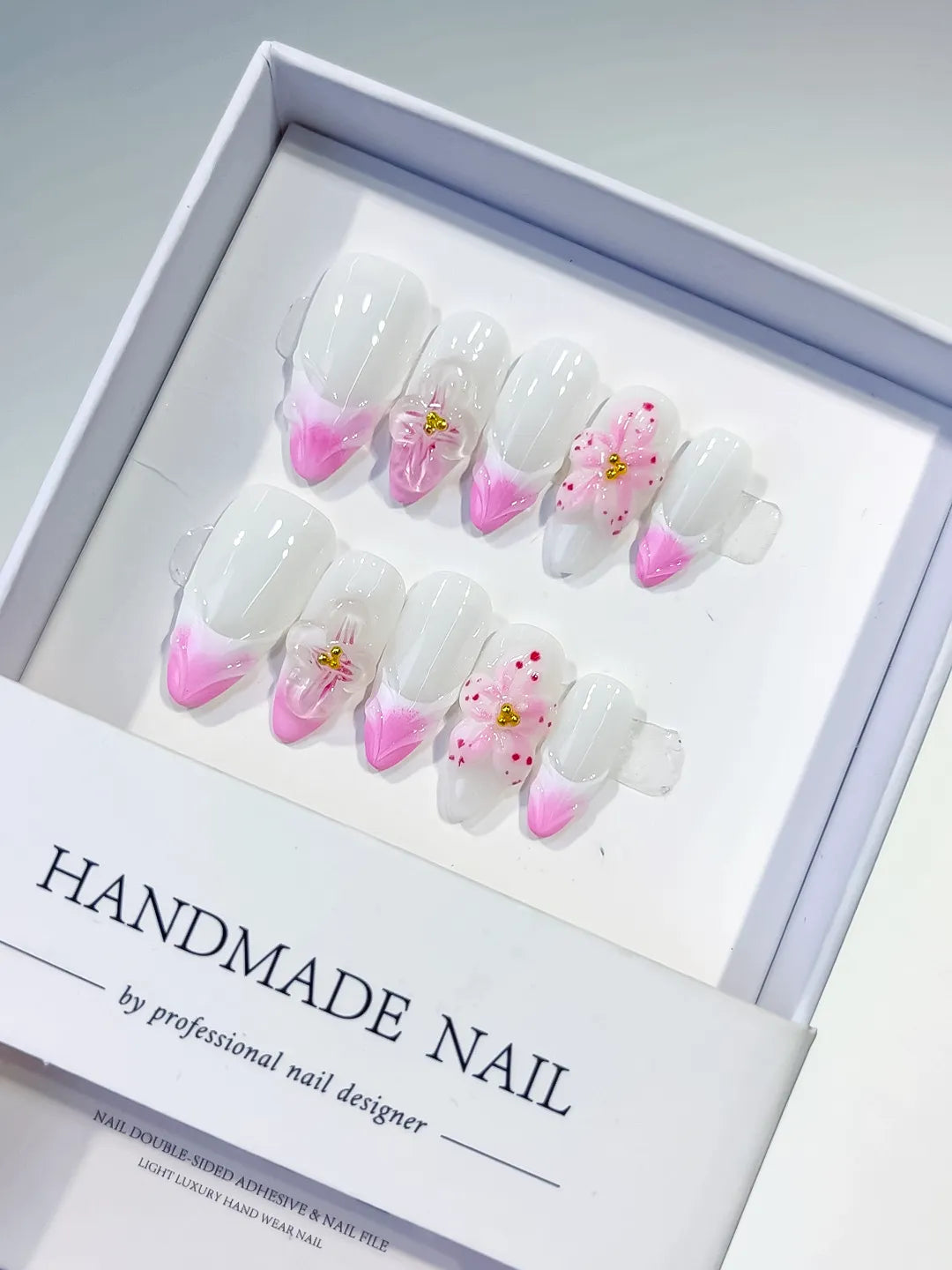 D406 - Medium White Pink Almond French tip Flower Bow VibeNailsLab