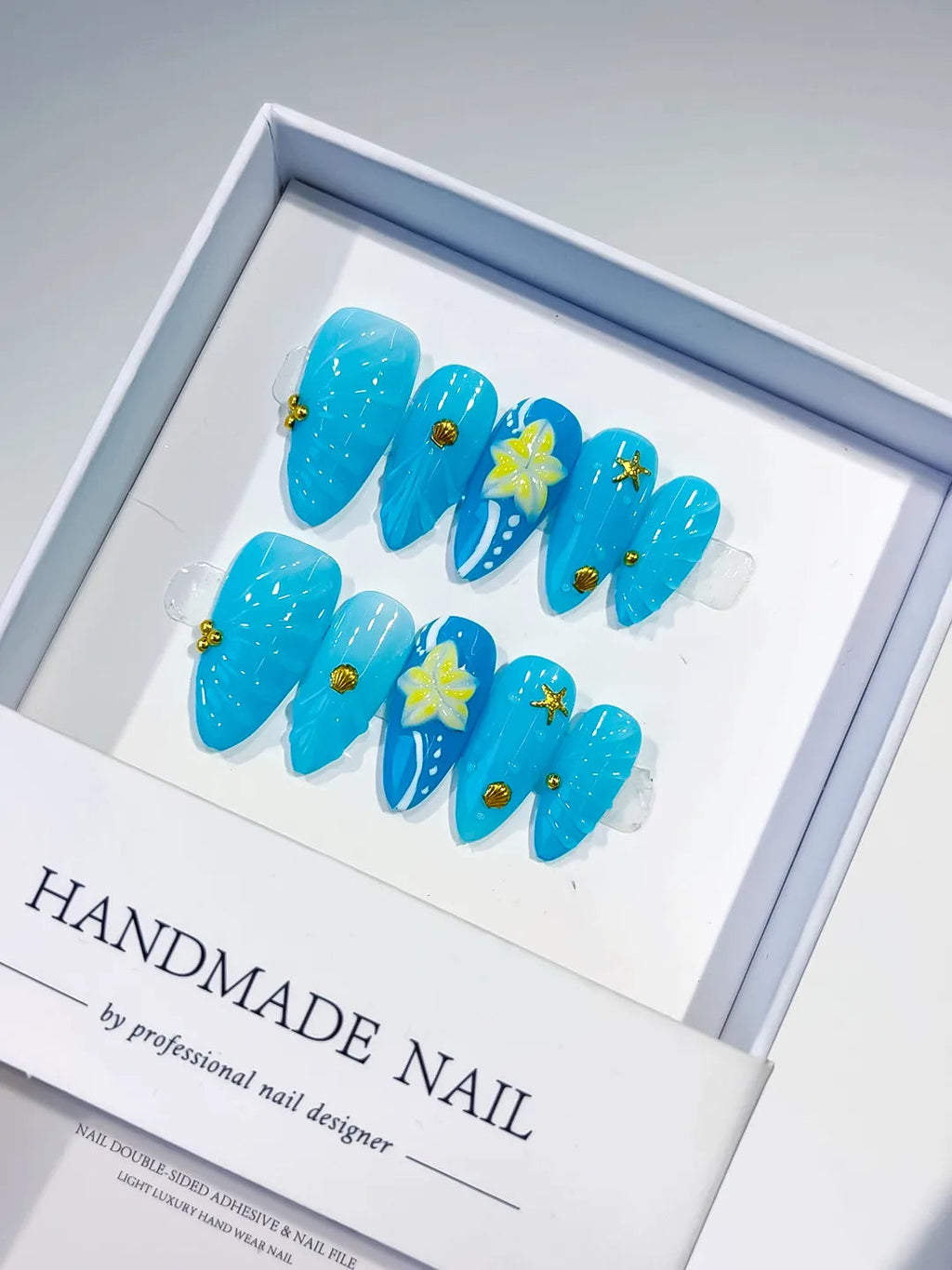 D407 - Medium Blue Yellow Almond Solid color Flower Starfish VibeNailsLab