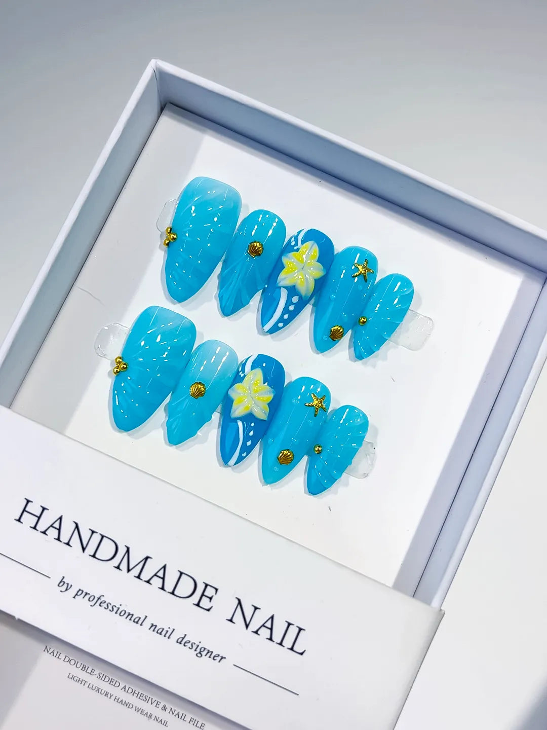 D407 - Medium Blue Yellow Almond Solid color Flower Starfish VibeNailsLab