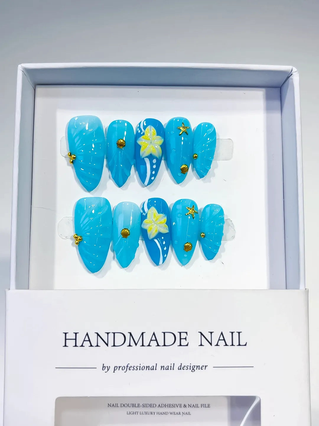 D407 - Medium Blue Yellow Almond Solid color Flower Starfish VibeNailsLab