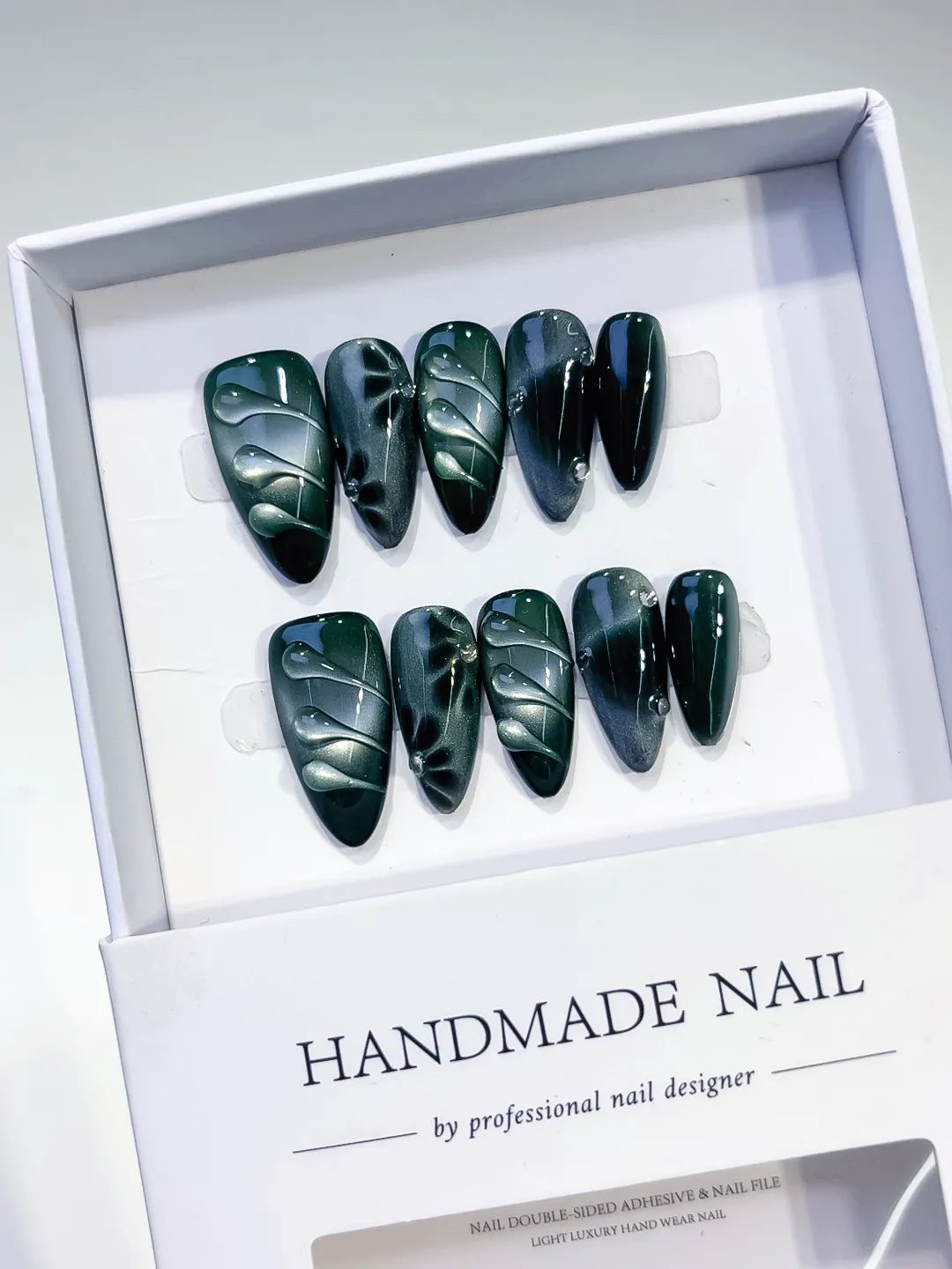 D408 - Medium Green Black Almond Metallic Leaf VibeNailsLab