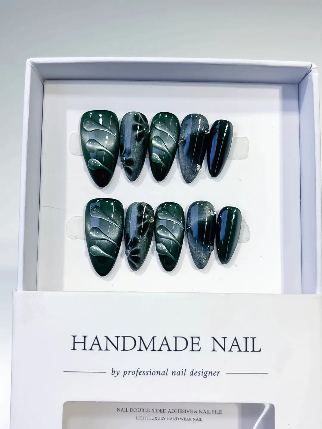 D408 - Medium Green Black Almond Metallic Leaf VibeNailsLab