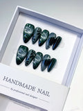 D408 - Medium Green Black Almond Metallic Leaf VibeNailsLab