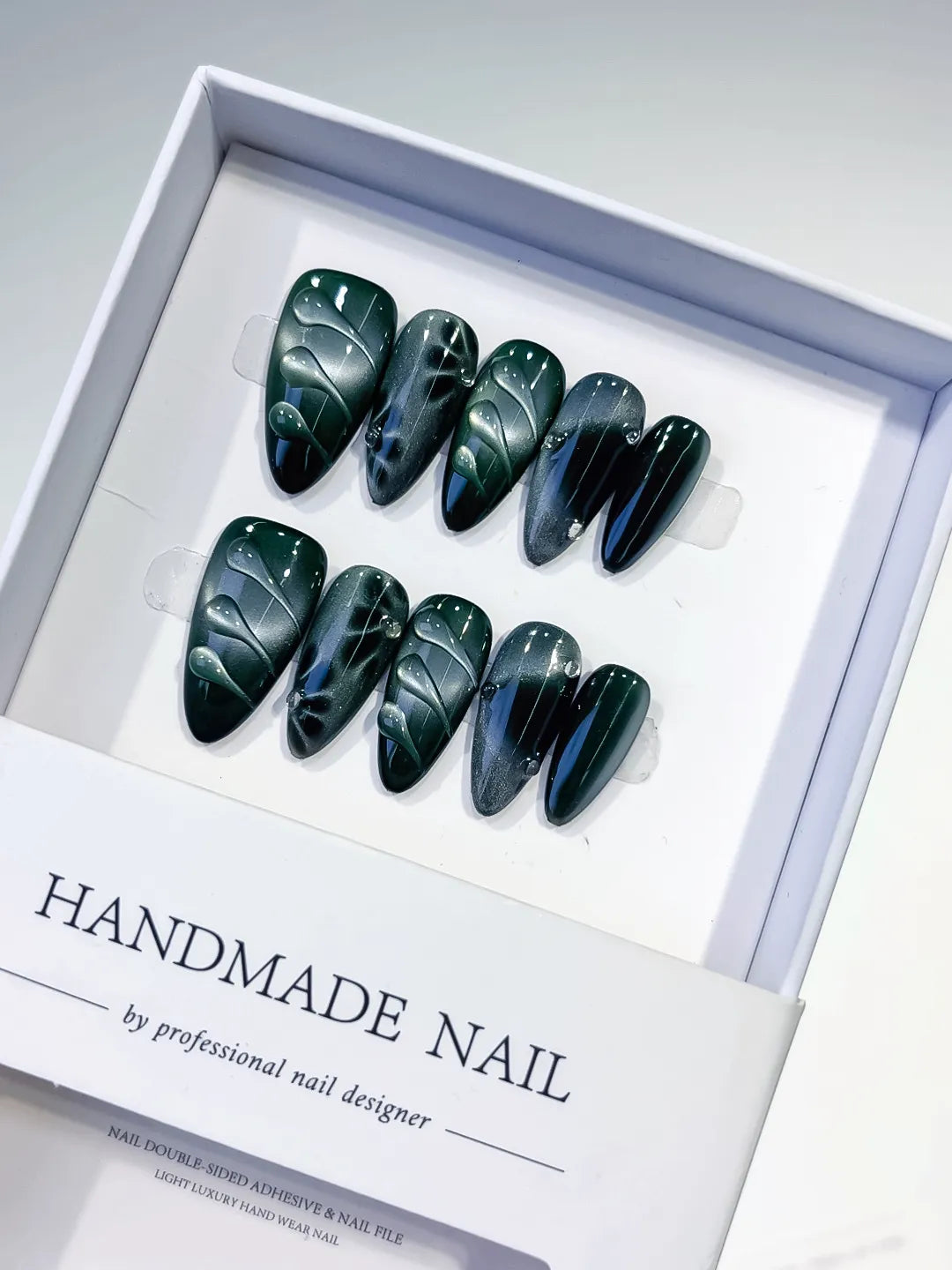D408 - Medium Green Black Almond Metallic Leaf VibeNailsLab
