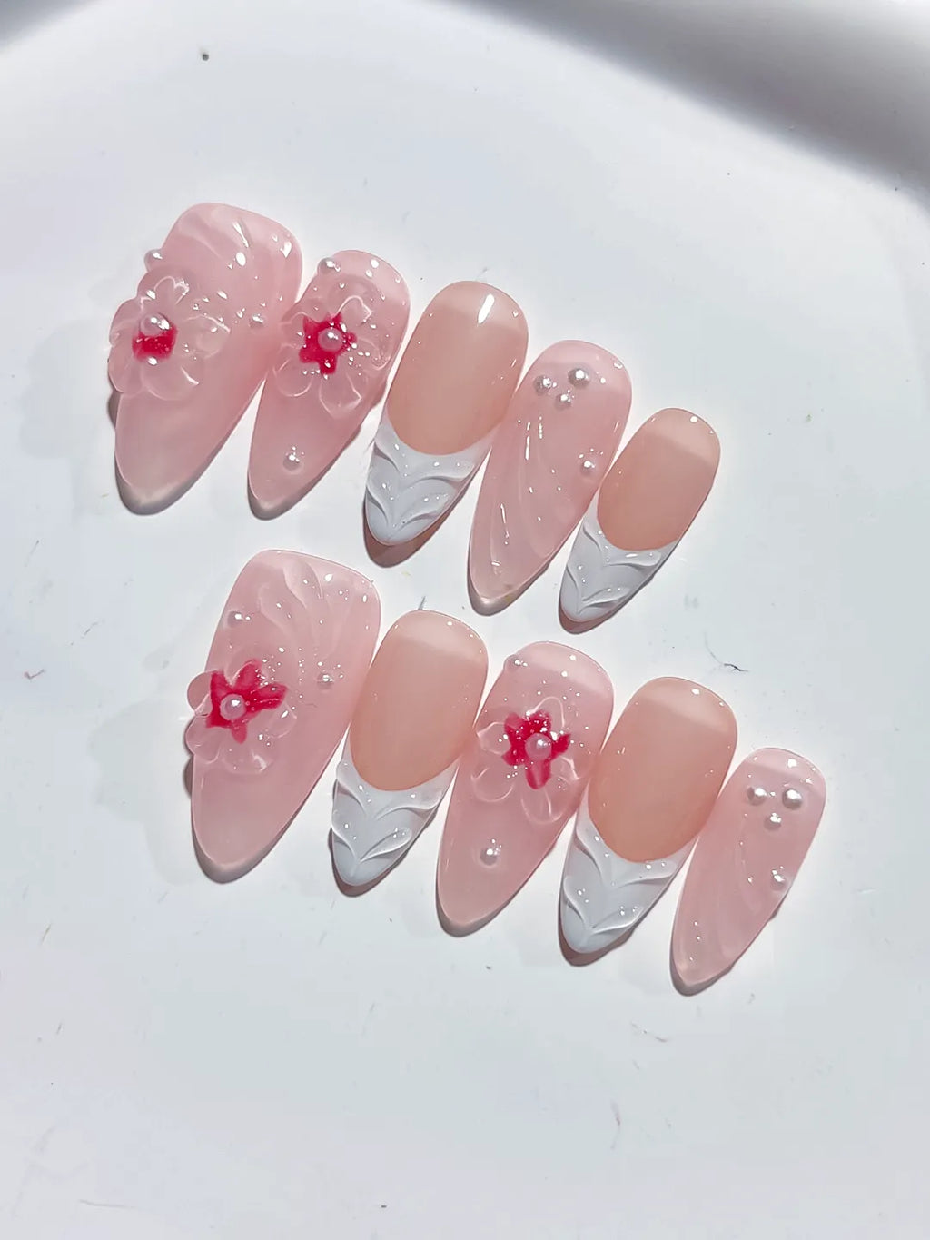 D409 - Medium Pink White Almond Solid color Flower Pearl