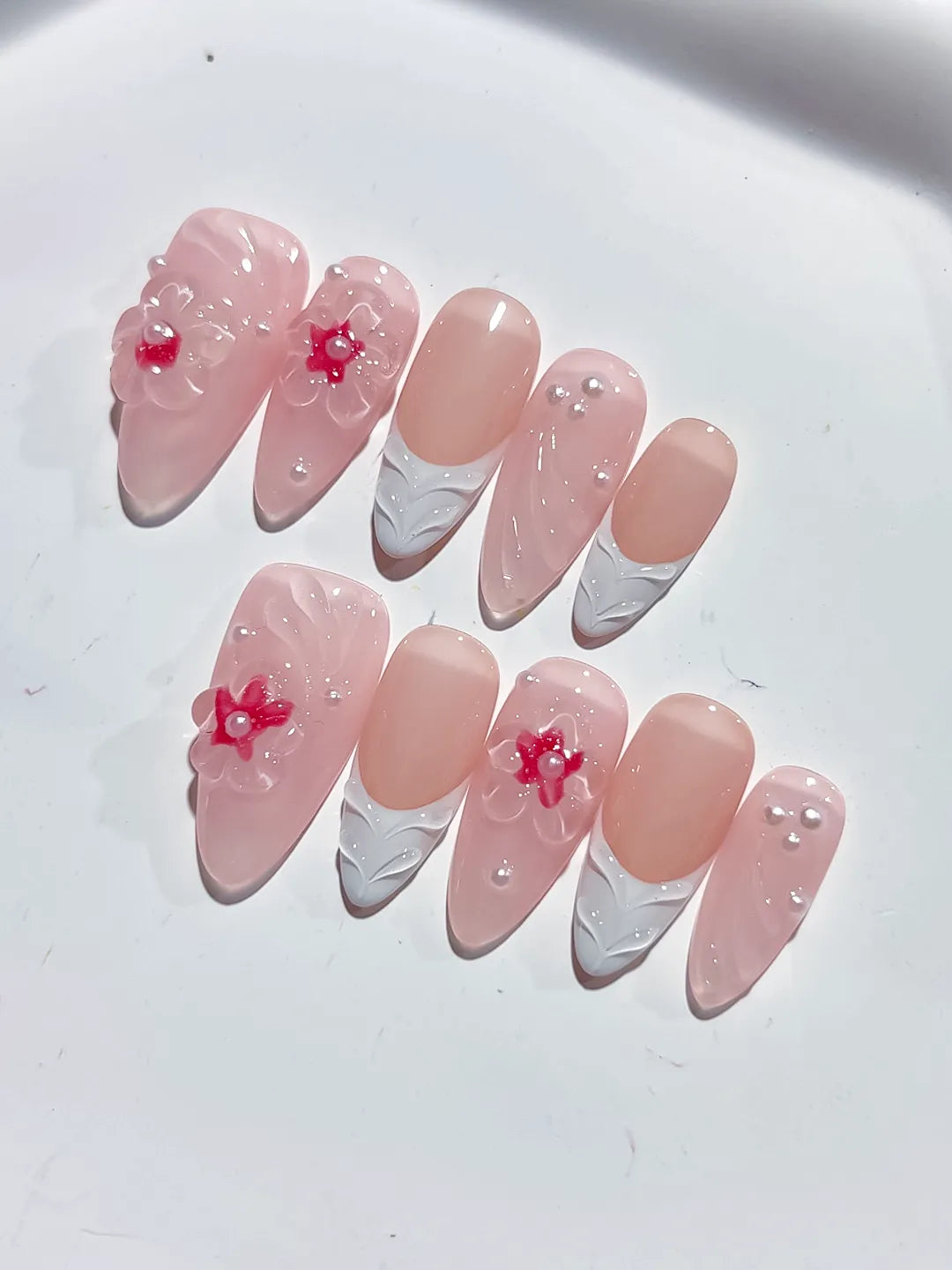 D409 - Medium Pink White Almond Solid color Flower Pearl
