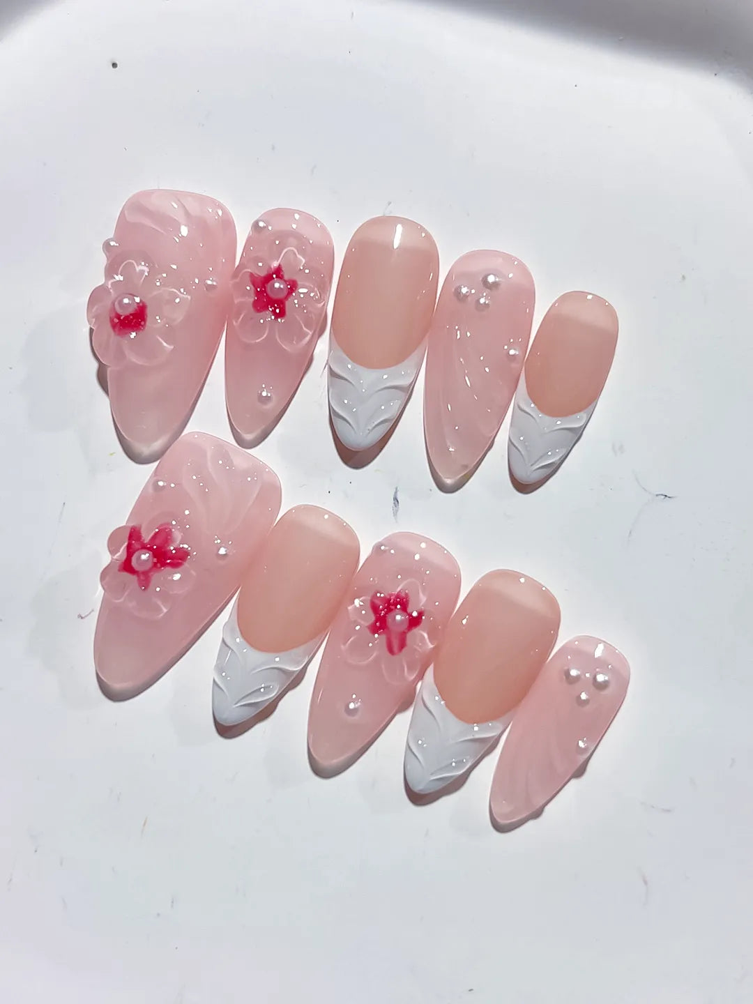 D409 - Medium Pink White Almond Solid color Flower Pearl