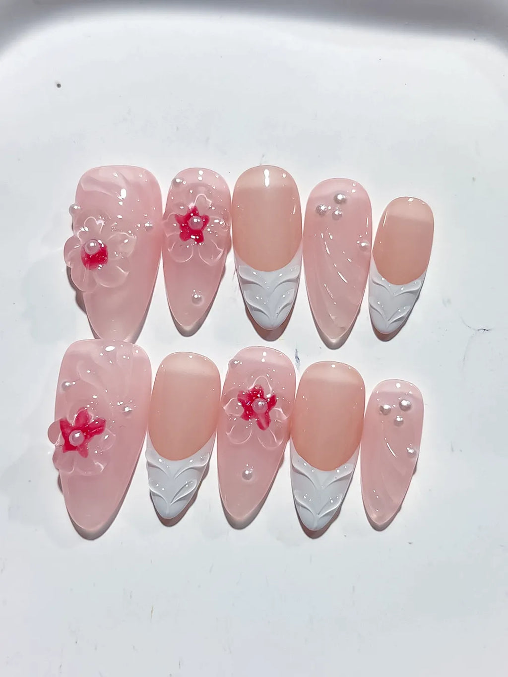D409 - Medium Pink White Almond Solid color Flower Pearl