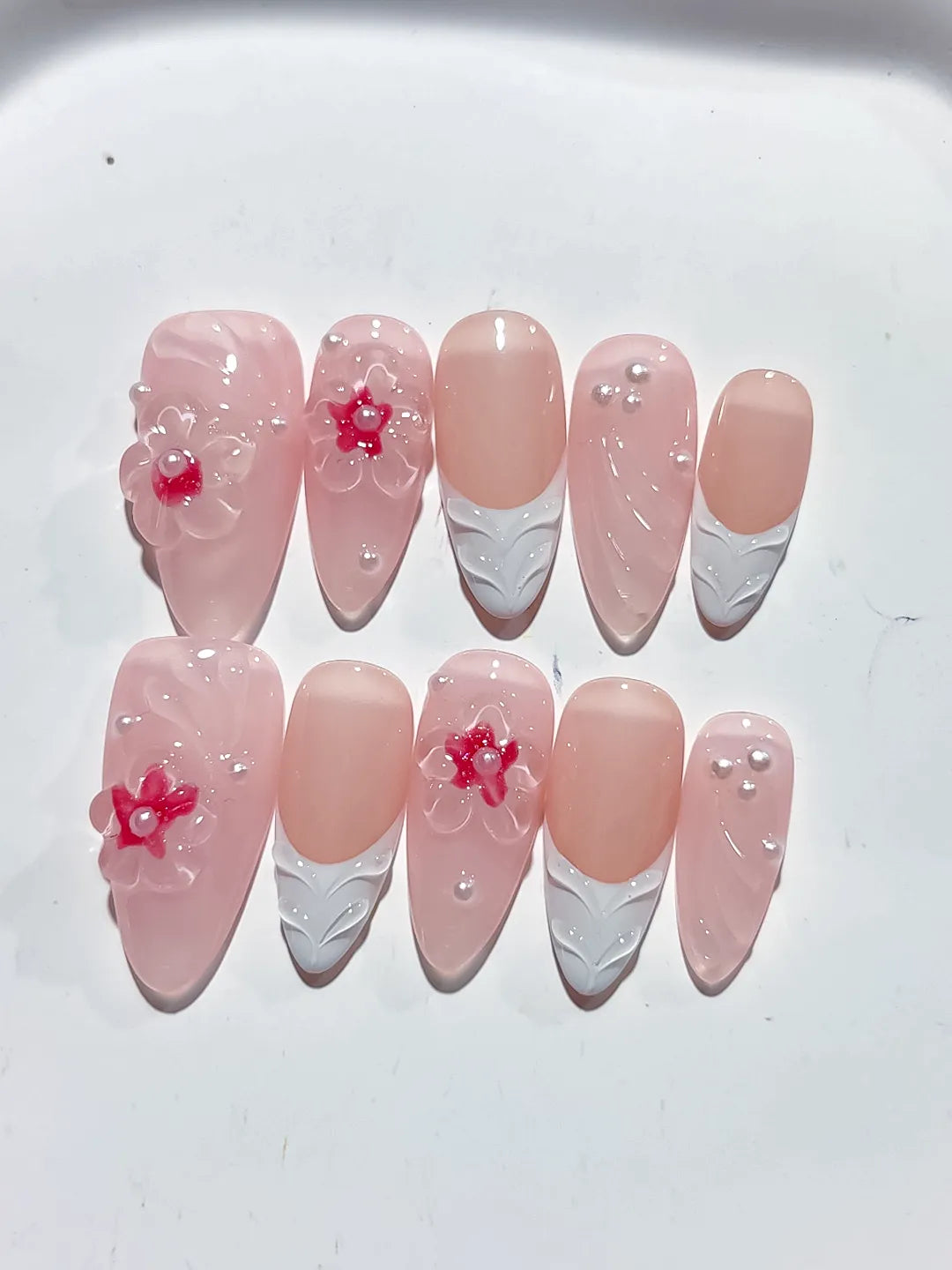 D409 - Medium Pink White Almond Solid color Flower Pearl