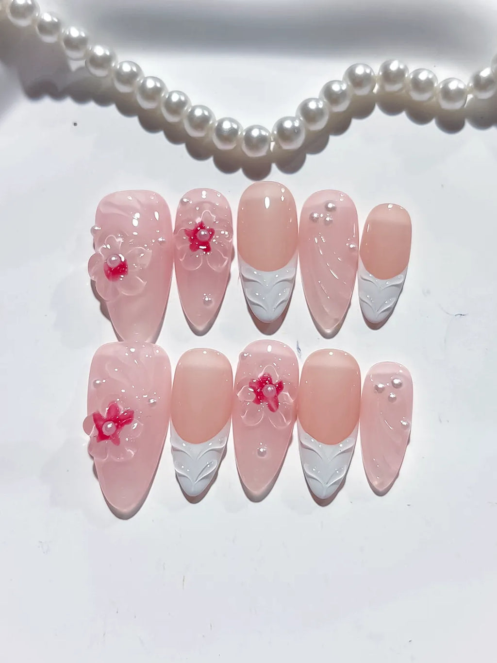 D409 - Medium Pink White Almond Solid color Flower Pearl