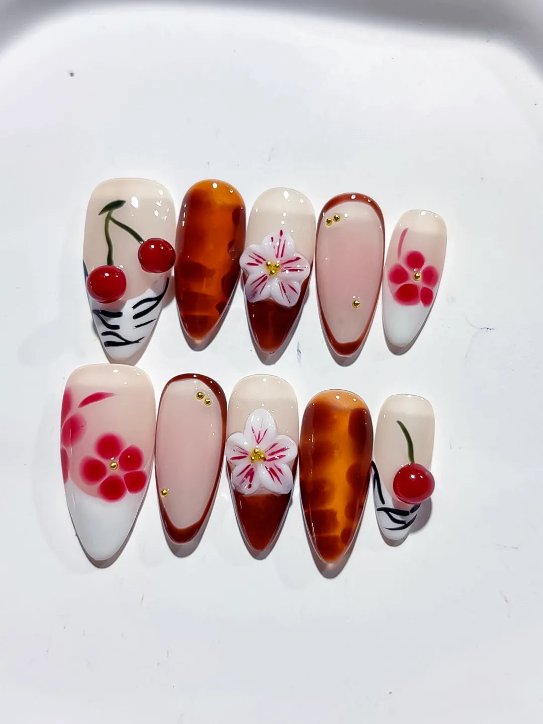 D410 - Medium Nude Brown Almond Abstract Cherry Flower