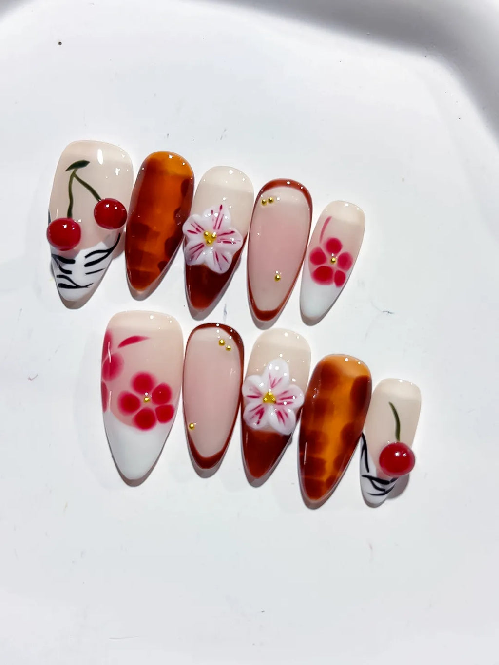 D410 - Medium Nude Brown Almond Abstract Cherry Flower