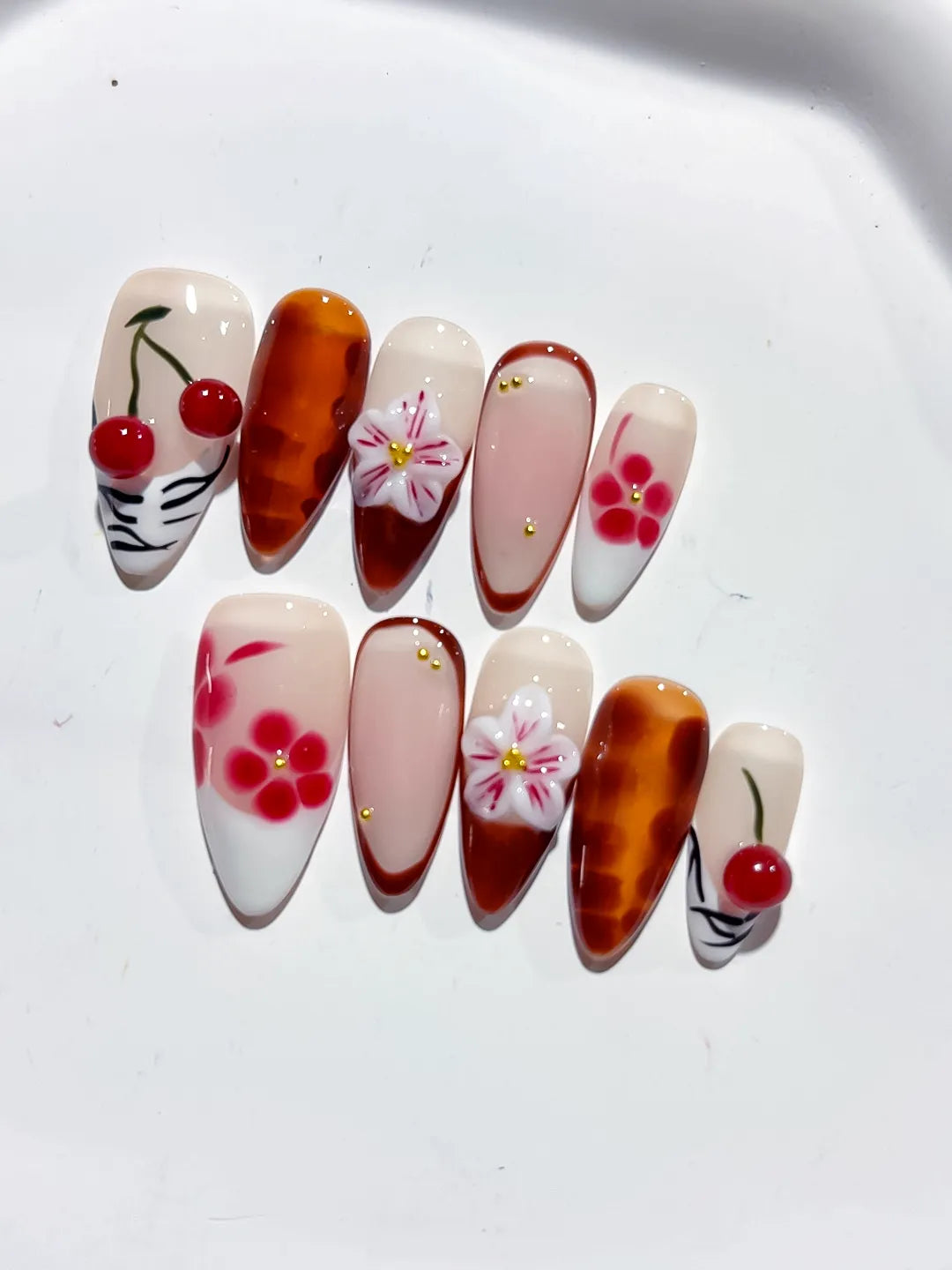 D410 - Medium Nude Brown Almond Abstract Cherry Flower