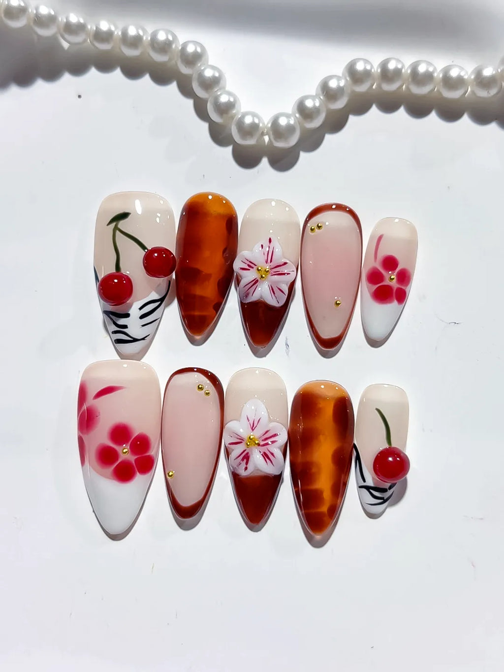 D410 - Medium Nude Brown Almond Abstract Cherry Flower