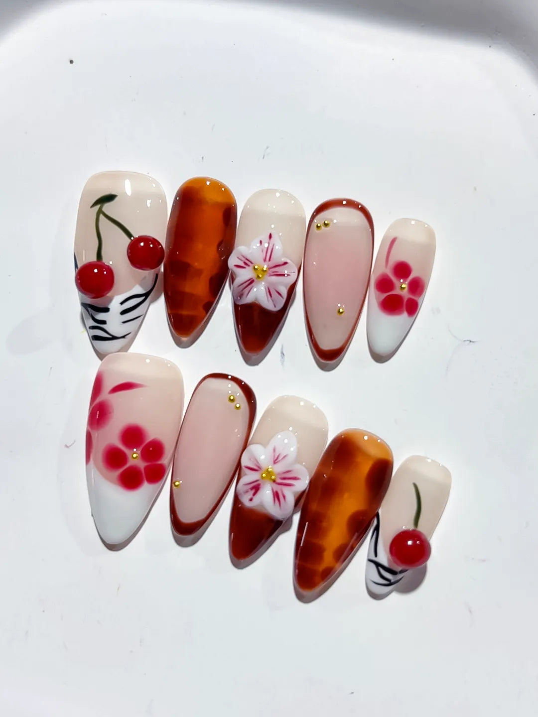 D410 - Medium Nude Brown Almond Abstract Cherry Flower