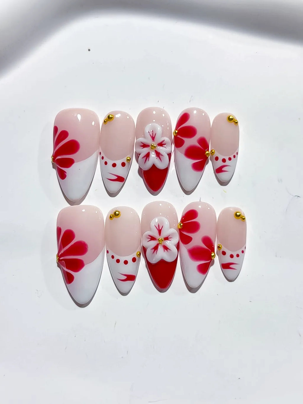 D411 - Medium Nude White Almond French tip Flower Stud