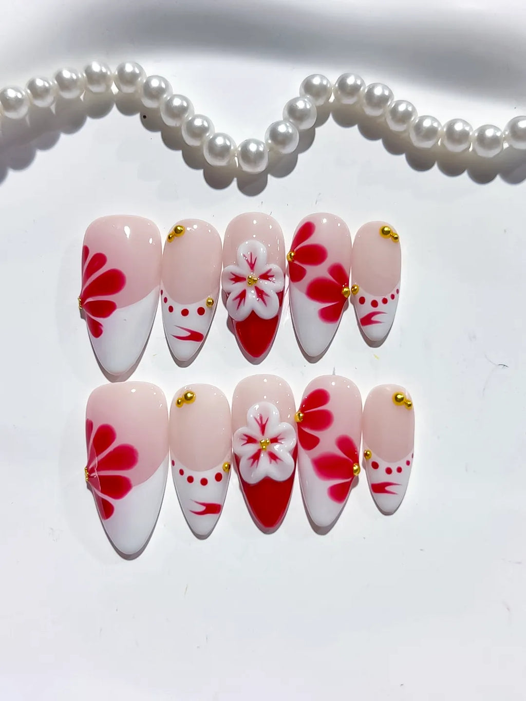 D411 - Medium Nude White Almond French tip Flower Stud
