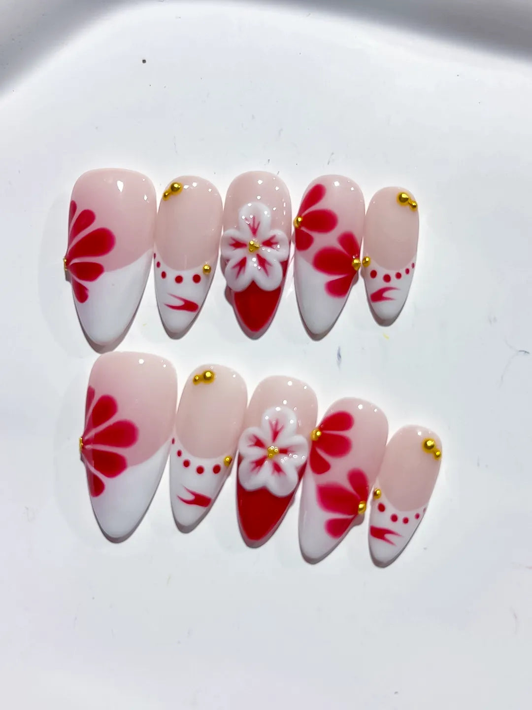 D411 - Medium Nude White Almond French tip Flower Stud