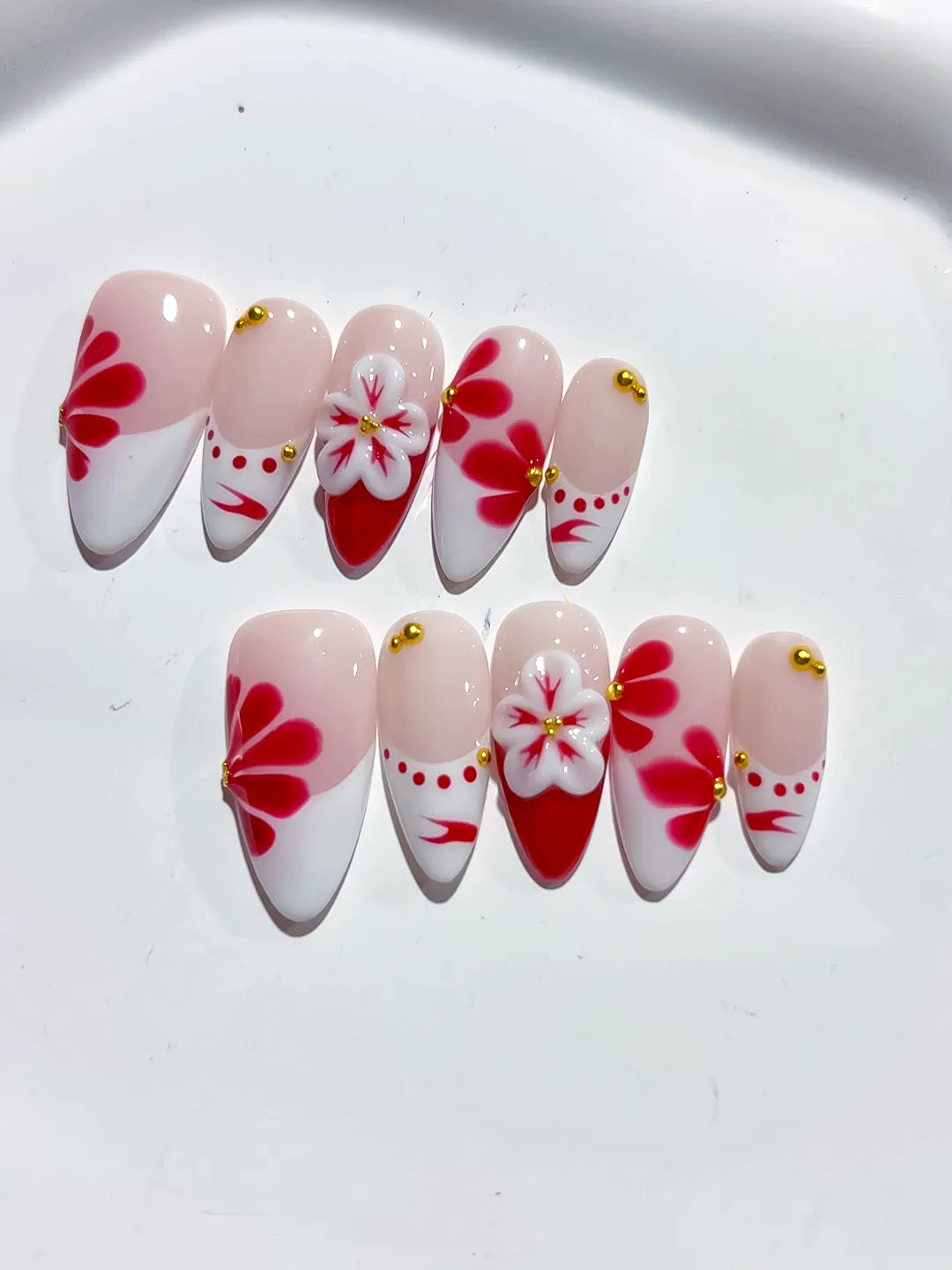 D411 - Medium Nude White Almond French tip Flower Stud