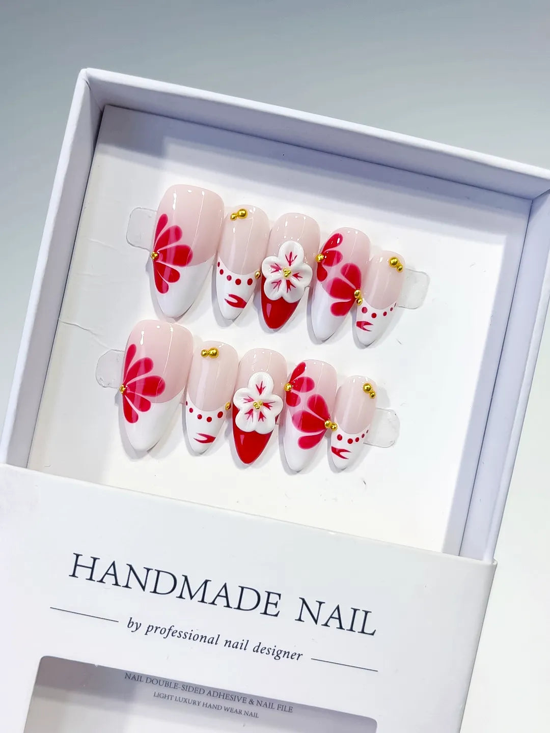 D411 - Medium Nude White Almond French tip Flower Stud