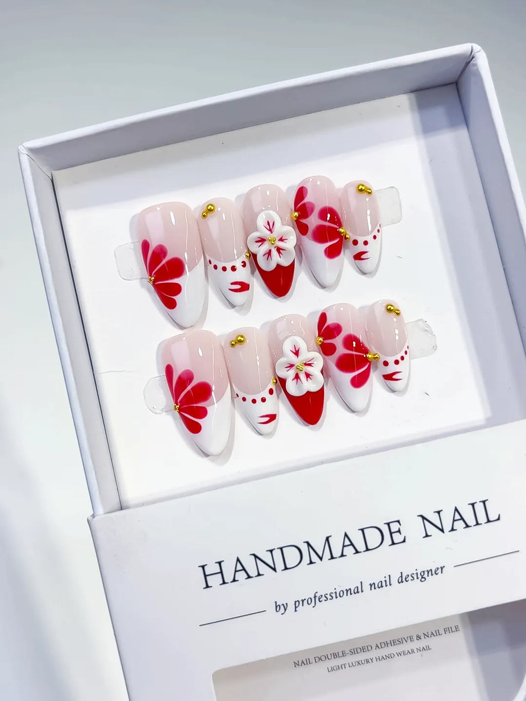 D411 - Medium Nude White Almond French tip Flower Stud