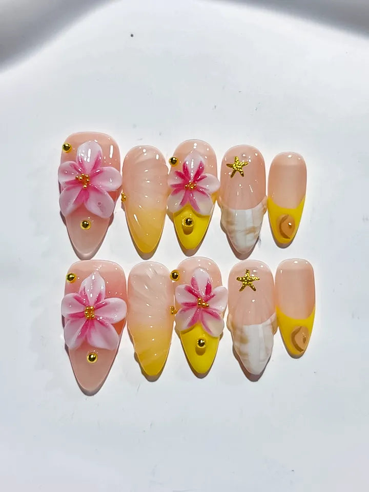 D412 - Medium Nude Pink Almond Ombre Flower Star