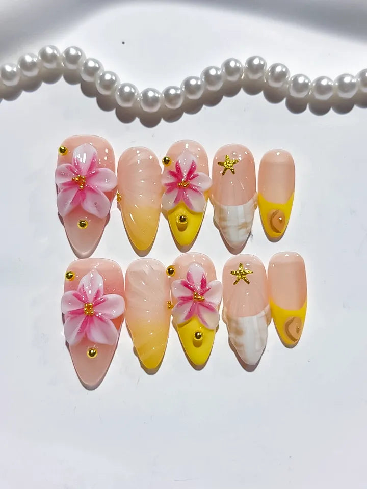 D412 - Medium Nude Pink Almond Ombre Flower Star VibeNailsLab