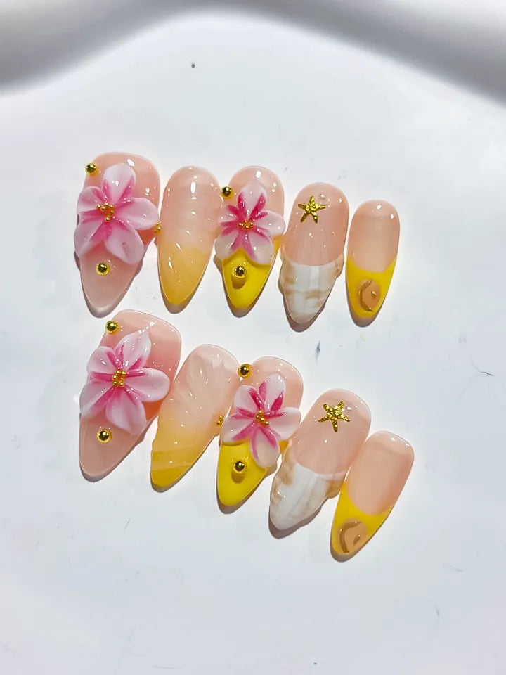 D412 - Medium Nude Pink Almond Ombre Flower Star VibeNailsLab