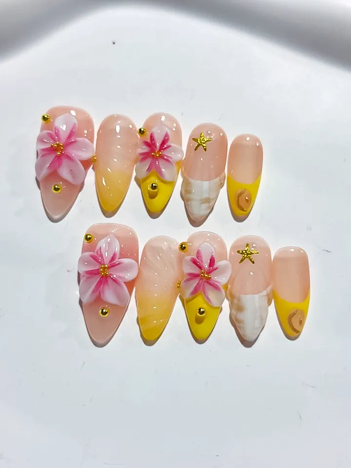 D412 - Medium Nude Pink Almond Ombre Flower Star