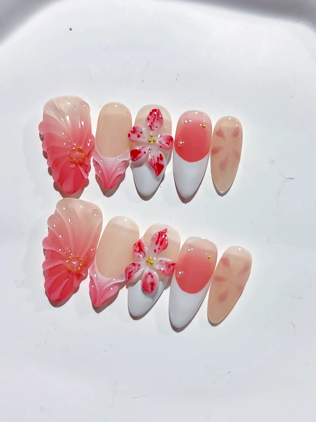 D413 - Medium Nude Pink Almond Ombre Flower VibeNailsLab