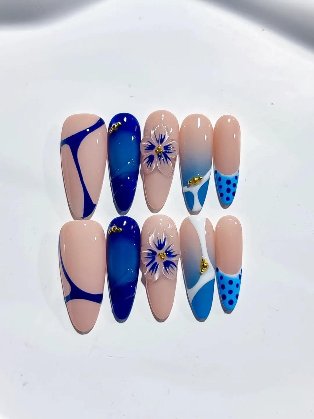 D414 - Long Nude Blue Almond French tip Flower Dot Pattern